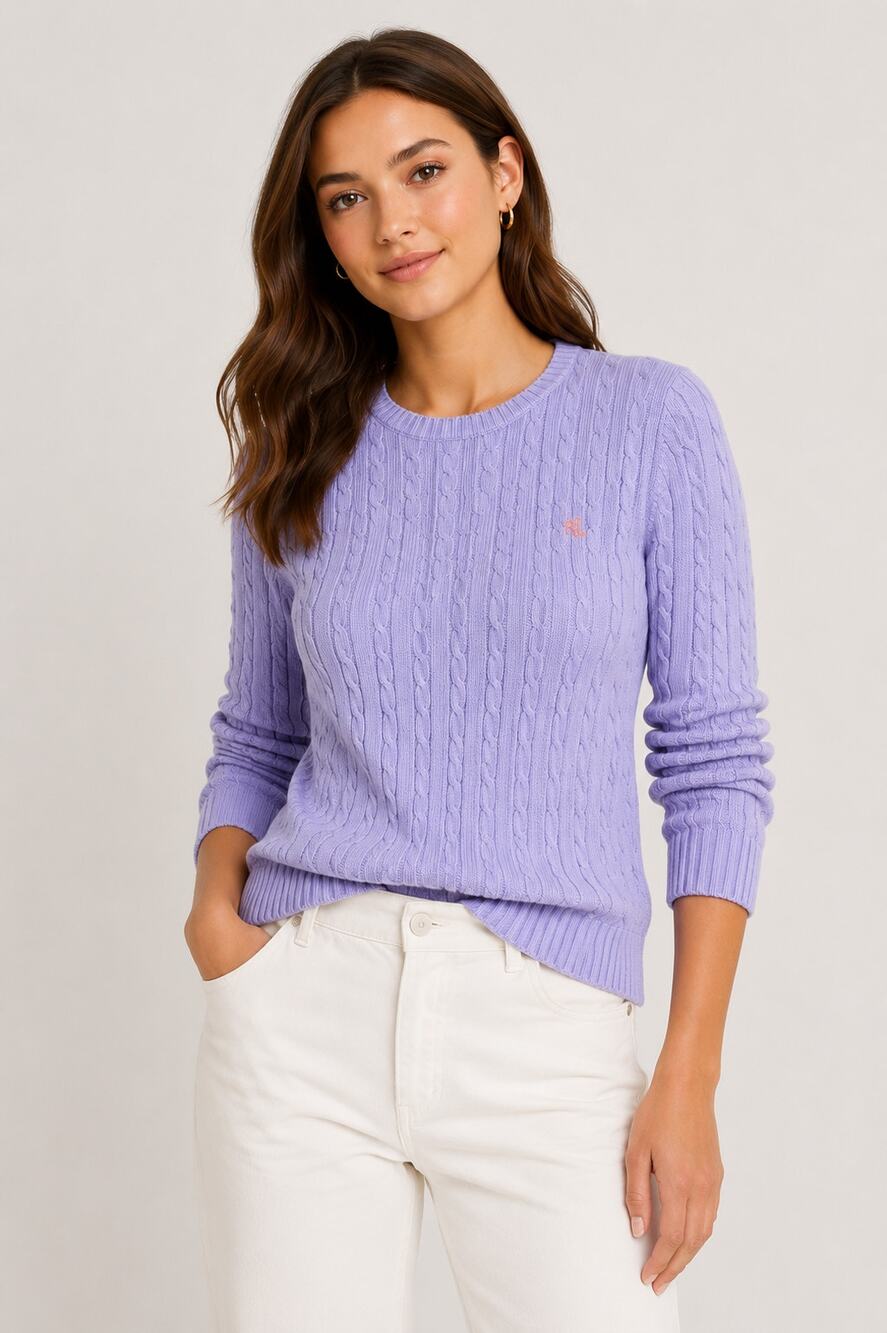 Vtg LRL Lilac Cable Knit Cotton Sweater Womens Classic Preppy Size XL